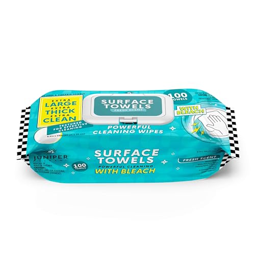 Juniper CLEAN Single Surface Wipes with Bleach, Thick & Large Dispose, All-Purpose Cleaner for Bathroom, Kitchen, Office, 100 Count Soft Flow, Biodegradable, Fresh Scent