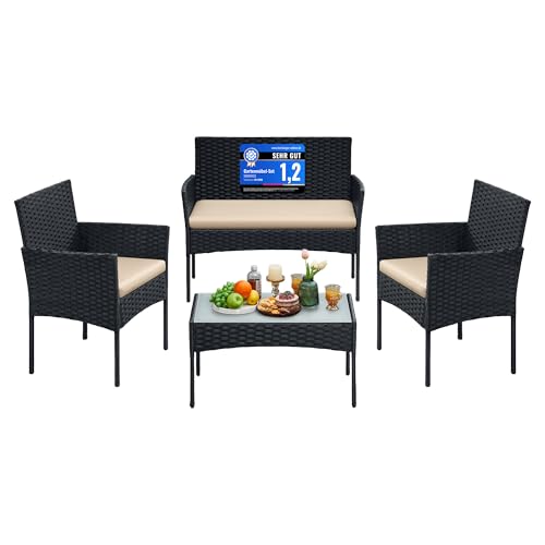 SONGMICS Balkonmöbel, Gartenmöbel-Set, aus PE-Polyrattan, Lounge-Set, Terrassenmöbel, Outdoor, für Terrasse, Balkon, Garten, schwarz-Taupe GGF004B05
