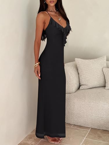 Prinbara Womens Mesh Bodycon Formal Maxi Dresses Summer Spaghetti Strap Ruffle Cocktail Wedding Guest Party Prom Long Dress Black Large — view 4