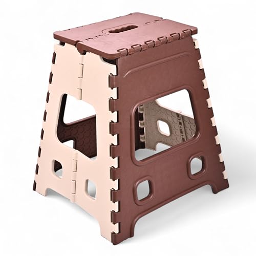 Image of AMEEBA 18 Inch Super Strong Folding Step Stool to Support Adults and Safe Enough for Kids. Opens Easy with One Flip, Great for Kitchen, Bathroom, Bedroom, Kids or Adults (Brown)