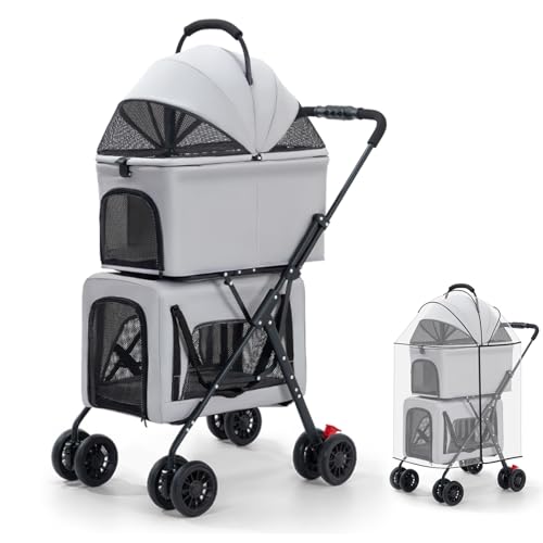 Carrinho de bebê para animais de estimação, deck duplo, 4 rodas com capa de chuva - Carrinho de bebê