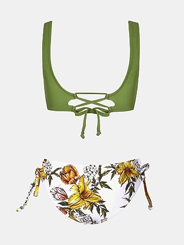 CUPSHE Damen Bikini Set Wickeloptik Blumenmuster Low Rise schnürende Bademode Zweiteiliger Badeanzug Olivgrün XS-6