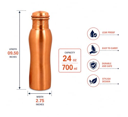Image of Pure Copper Water Bottle - Handcrafted - Ayurveda health benefits - Large 750 ml - Leak proof, Easy to carry for Sports, Fitness, Yoga, School - Natural Copper Finish