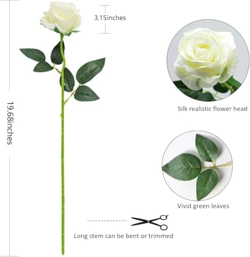 Image of Dekorly Artificial Fake Roses Flowers - 10 Pcs Fake Artificial Roses Silk Flowers with Stems for Home Room Tabletop Wedding Hotel Office Centerpiece Decor | Height 18 Inch (White)