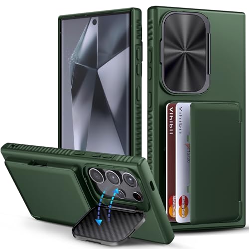Image of Vihibii PC + Silicone For Samsung Galaxy S24 Ultra Back Cover With Card Holder(4 Cards)&Stand&Camera Lens Cover&Raised Edges Protect Screen,Rugged Shockproof Phone Case For Galaxy S24 Ultra 6.8 inch,Green