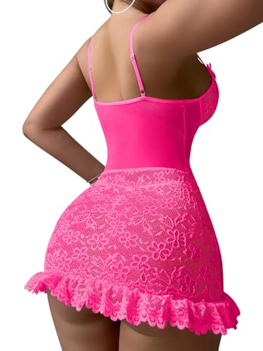 Image of Foxiny Sexy Mini Bows Ruffle Cutout Floral Lace Sheer Babydoll Lingerie Dress with Thong 2 Piece