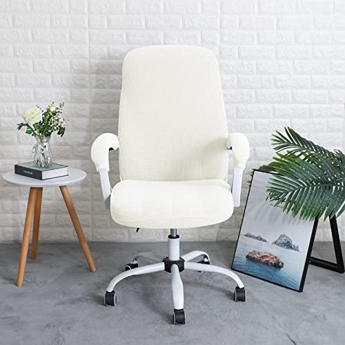 Image of FORCHEER Office Chair Cover Water Repellent Jacquard Armrest Swivel Chair Slipcovers Removable Stretch Universal Computer Chair Cover L with Chair Arm Cover 2P-Cream