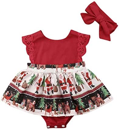 2 pcs Newborn Baby Girl Christmas Romper Jumpsuit Tutu Dress Headband Outfits Clothes 0-24M (6-12 Months)