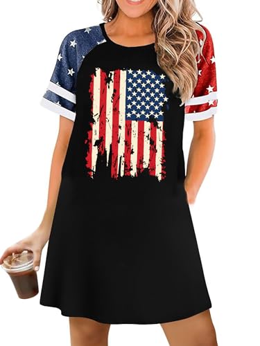 Image of YI XIANG RAN 4th of July Dress Women: American Flag Dresses USA Stars Stripes Shirt Patriotic Tshirt Summer Sundress