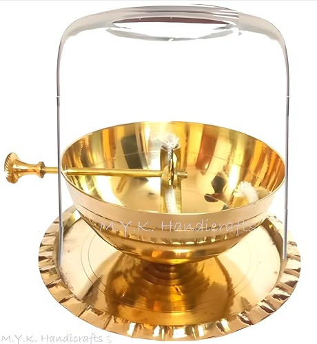 Image of Brass Akhand Jyoth with Glass Chimney (7 x 6 inches) - Extra Large Diya with Wick Lifting Screw Lever - Stays Lit Up to 9 Days - Ideal for Navratri, Diwali, and Gifting.