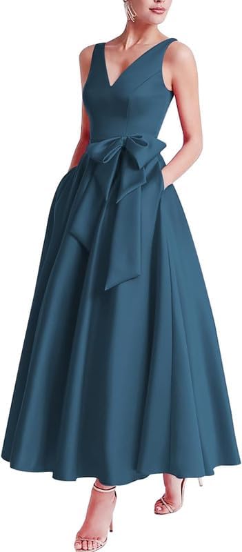 Satin Bow Formal Dresses for Women V Neck Evening Party Gowns with Pockets Sleeveless A Line Wedding Guest Dress