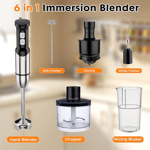 Image of Immersion Blender Handheld Cordless 6 in 1 Hand Held Blenders Mixer Stainless Steel 25 Speed Turbo Mode Electric Sitck Beaker Chopper Milk Frother Grinder