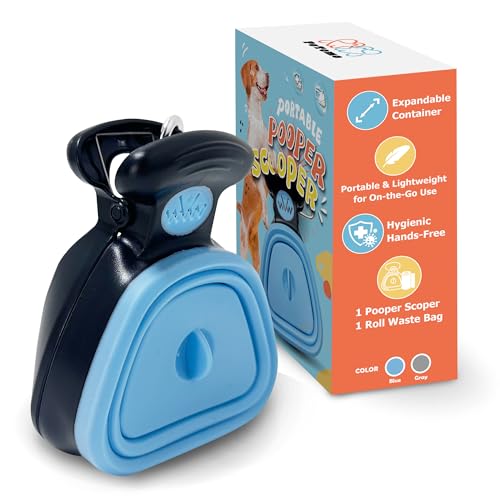 potomo Dog Pooper Scooper – Hands-Free Poop Scooper with Bag Attachment, One-Handed Operation & Built-in Dispenser – Portable Clip-On Pooper Scooper for Small & Medium Dogs (Blue)