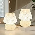 ONEWISH Cute Mushroom Lamp Small Bedside Table Lamp Set of 2 Stepless Dimmable, Translucent Glass White Nightstand Lamp for Bedroom Dorm Kids Room Living Kitchen, Murano Aesthetic Home Decor