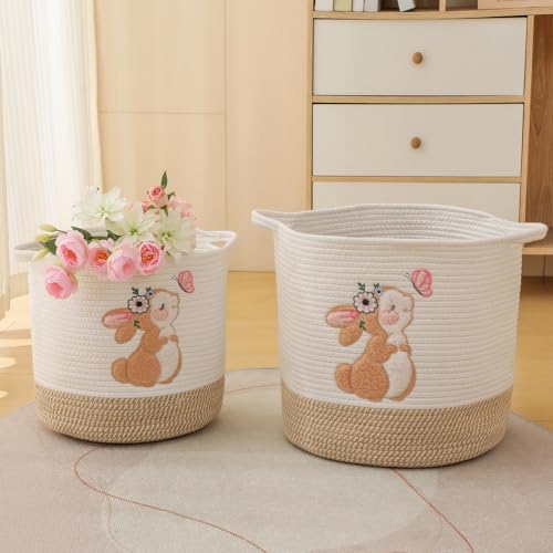 Image of Large Blanket Baskets for Living Room, Bunny Baskets Toy Storage Basket Woven Cotton Rope Basket for Kids, Toys Organizer Clothes Hamper with Embroidery, Laundry Hamper Nursery Decor ( Large )