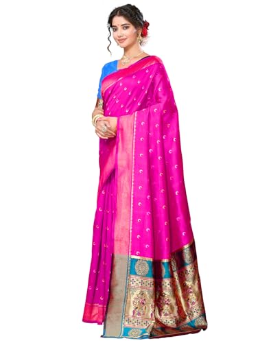 Image of Yashika Women's Cotton Silk Chandrakor Paithani Saree in Golden Zari Border, Saree with Crescent Moon Motifs and Peacock Design, Includes Unstitched Blouse Material