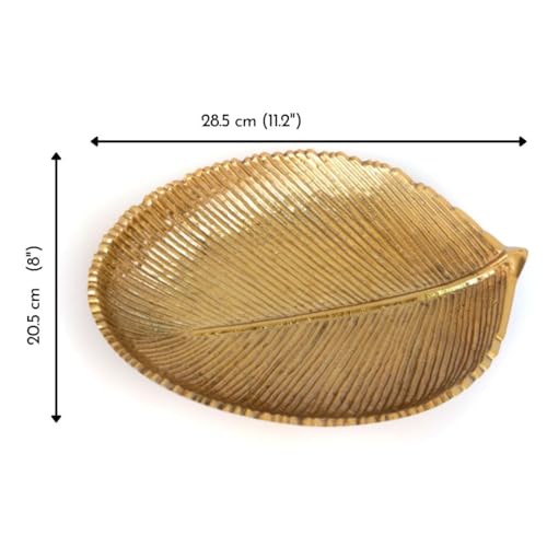 Image of BEHOMA Metal Leaf Shape Tray for Home Decor, Medium, Golden | Golden leaf-shape metal tray, medium size; perfect for mandap, haldi, mehendi & Navratri decor.