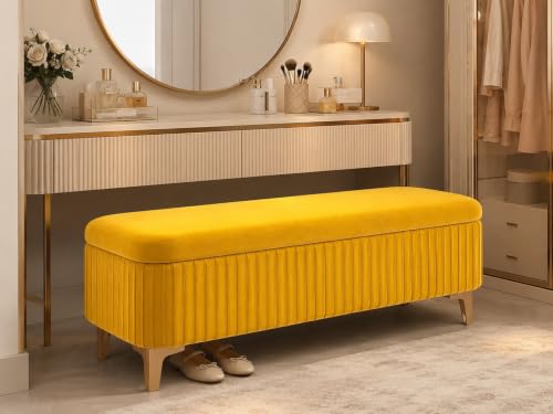 Image of LEGACY OF COMFORT Qwen Velvet Upholstered Flip Top Storage Bench 2 Seater Sofa Upholstered Ottoman Bench with Storage for Living Room, Bedroom (Yellow)