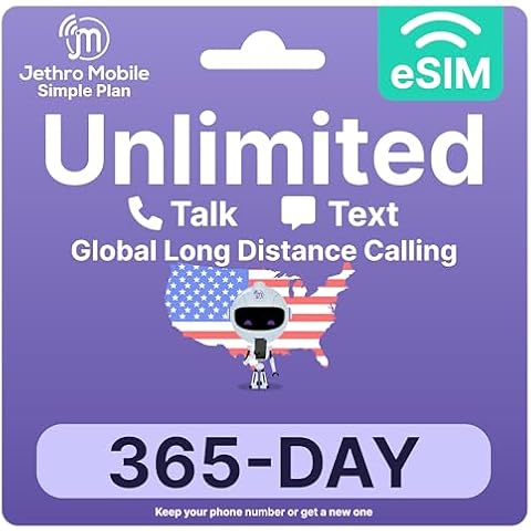 Jethro Mobile - eSIM Card Phone Plan Unlimited Talk & Text, Quick Activation, International Calling (12 Months) Cover