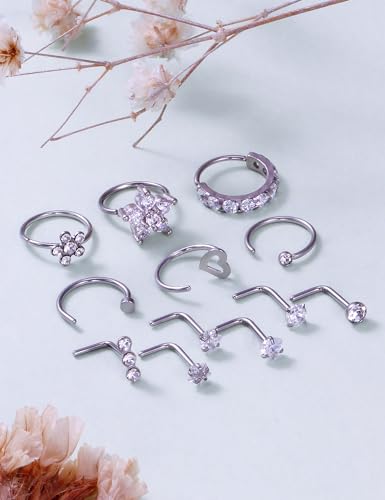 Ftovosyo 18G 20G Nose Rings Surgical Steel Nose Rings Hoop for Women Men Paved CZ Flower Nostril Piercing Jewelry L Shaped Nostril Ring Stud Set3