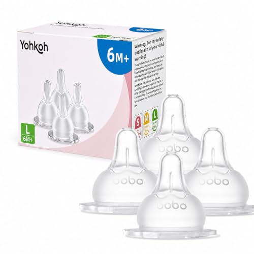 Image of YOHKOH Baby Bottle Nipples for Wide Neck Bottles, 100% Natural Feel Silicone Nipples, BPA-Free (6m+, L, 4 Counts)