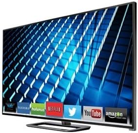 Angled view of the VIZIO M602i-B3 60-inch Smart LED TV, showing the screen with app icons and a slight view of the side profile.