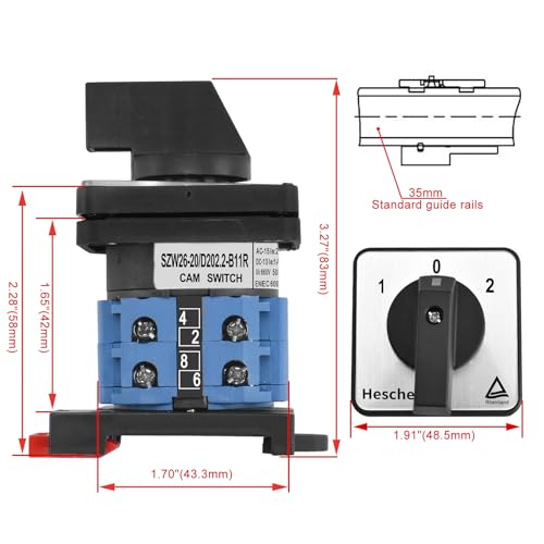Heschen, Universeller Nockenschaltwerk-Umschalter, SZW26-20/D202.2-B11R, 35 mm DIN-Schienenmontage, 660V 20A EIN-AUS-EIN, 3 Positionen, 2 Phasen, 8 Klemmen, CE/TUV-gelistet