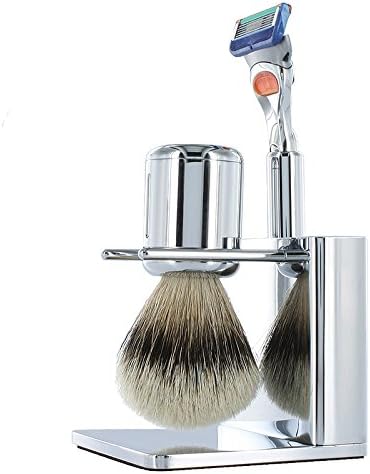 TwinLuxe 'Fine Shaving Instruments' CHROME Edition Shave Set - modern luxury shaving set includes brush, razor, stand