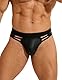 sunshinelady Herren Tanga PU-Leder Große Größen Männer String Unterwäsche mit Gummibund Sexy Slips Dessous für Mann Sissy Gay Briefs U-Pouch Reizwäsche Unterhosen Cut-Out Design Schwarz L