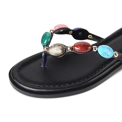 Image of DREAMSTORY Womens Beaded Flip Flops Beach Jeweled Thong Sandals | Open Round Toe, Slip on, Colorful Gemstones Embellished, Fashionable Summer Beach Style, Casual Flat Studded Shoes