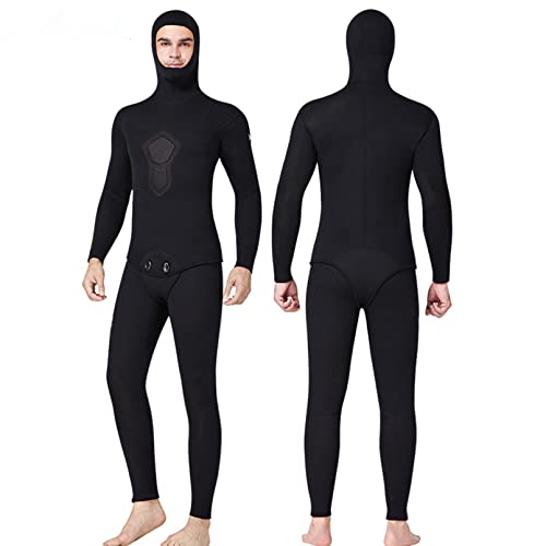 Neoprenanzug mit geteilter Kapuze für Männer, professioneller Angelanzug 7 mm Freitauchen im Freien, Tarnung, Lange Ärmel, Warmer Zweiteiler, Angeltauchanzug, Schwarz, 3XL