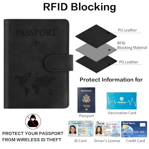 Passport Holder for Travel, Passport Cover Wallet, Premium PU Leather Passport Book Card Holder Case for Women Men, Waterproof RFID Blocking Flying Travelling Essentials Vacation Must Haves, Black4