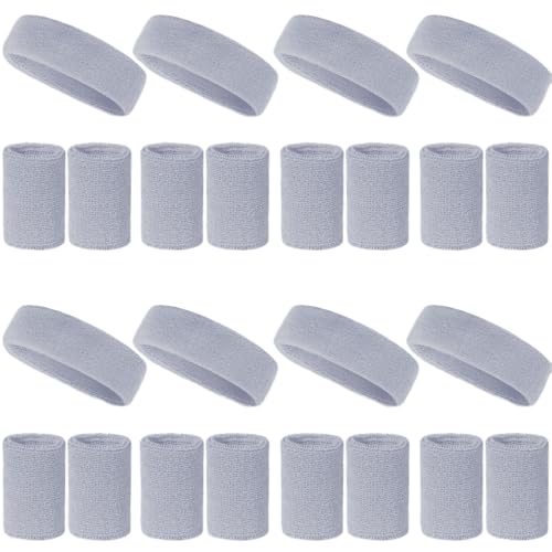 24 Pcs Grey Sweatbands Set Include 8 Pcs Sports Headband and 16 Pcs Cotton Wristbands 80s Neon Sweat Bands Bulk for Gym, Tennis, Basketball, Running, Exercise by U-MOJOK - Used condition - US$17.61