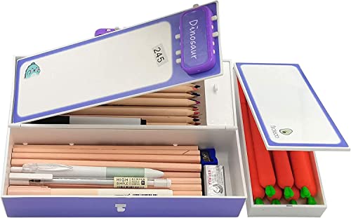 Image of LONGMIRE Plastic Pen & Pencil Box | Suitcase Style Password Lock Case, Multi-Layer Organizer for Kids, Boys, Girls (Dinosaur-Purple)