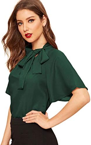 SheIn Women's Casual Side Bow Tie Neck Short Sleeve Blouse Shirt Top Medium Dark Green