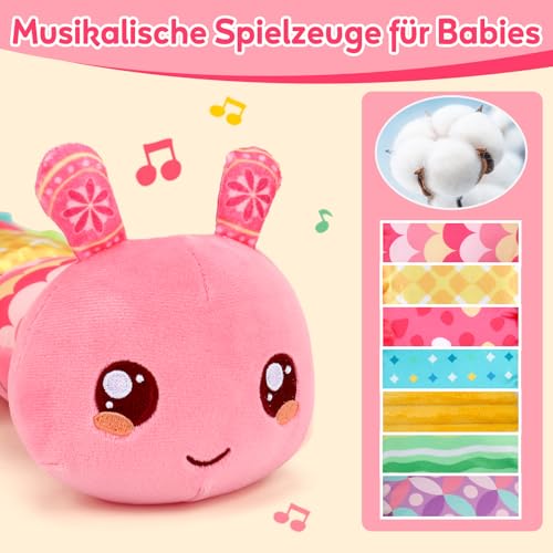 Baby Spielzeug 0 3 6 Monate Raupe Musikspielzeug, Montessori Sensorik SpielzeugBaby Geschenk Mädchen mit Lineal Greifling Rassel Spiegel, Babyspielzeug Neugeborenen Geschenk, Tummy Time Baby Toys