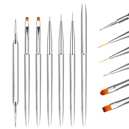 Pinceau Nail Art Ongles Gel Professionnel avec Capuchon Bouchon et Dotting Tool - LEA-SHALL 6 Pièces Pinceaux UV Construction Fin Liner/Plat/Rond French Manucure pour Ongle Peinture Acrylique Set