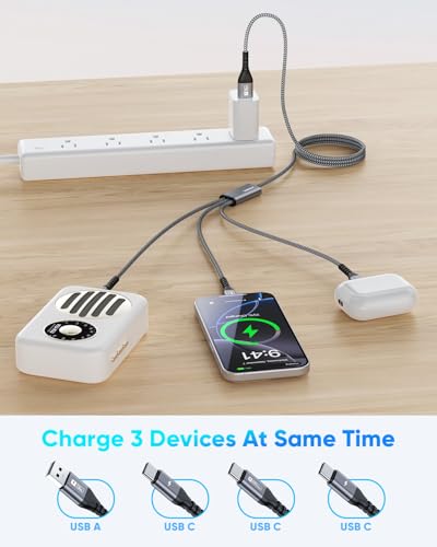 SUNGUY USB C Câble 5FT/1,5M, 3 en 1 Cord multichargeur QC3.0 USB à USB-C Câble avec 3 Ports de type C Nylon tressé pour i-Phone 17/16/15 Series, Galaxy S25 S24, Huawei, Google, Honneur, LG, Comprimés