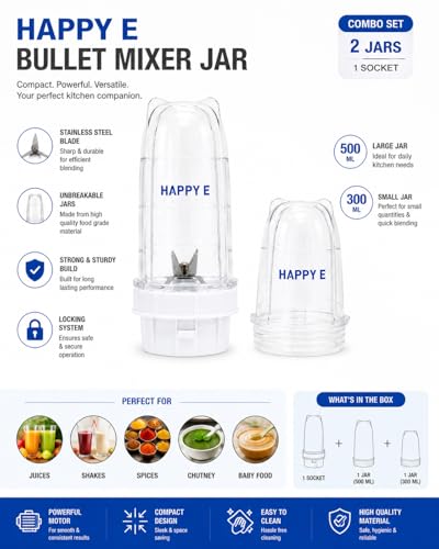Image of HAPPY E Bullet Jar Set (500 ml + 300 ml) | BPA-Free Polycarbonate | 304 Stainless Steel Blades | Fits 2-Lock Mixer Grinders