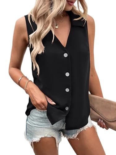 Vrtige Women's Casual Collar V Neck Button Down Sleeveless Tunic Blouse Shirt Tank Top4