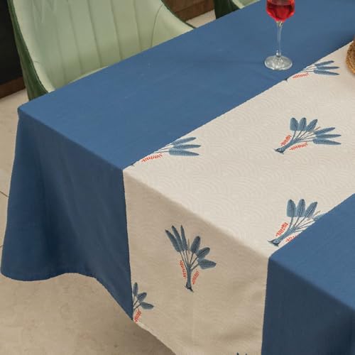 Image of Urban Space Cotton Rectangular Dining Table Cover for 6 Seater, Table Cloth with Panelled Design, 6 Seater Cotton Table Cover for Center Table (Palm Lagoon Indigo, 6 Seater, 48 inch x 92 inch)