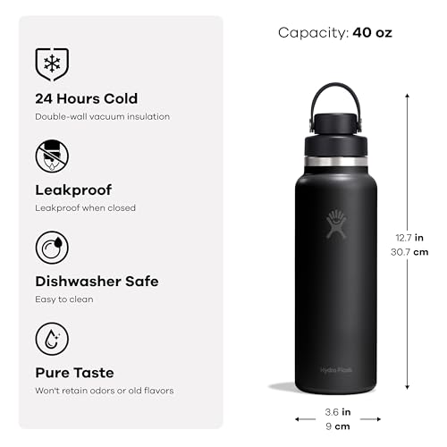 Image of Hydro Flask Water Bottle - Insulated Stainless Steel - Wide Mouth Flex Chug Lid, Non Spill, Leakproof in 40 Oz Tonal Black