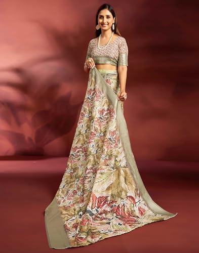 Image of SIRIL Women's Dola Silk Printed Jacquard Border Ready To Wear Saree with Unstitched Blouse Piece
