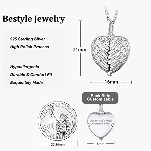 Bestyle Delicate Sterling Silver Angel Wing Lockets For Women Girls That Hold 1 Picture, Personalized Memorial Message Photo Lockets Pendant, Love Heart Jewelry For Birthday Anniversary, 18"+2" Chain #TOP6