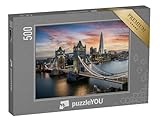puzzleYOU: Puzzle 500 Teile „Blick auf die abendlich beleuchtete Tower Bridge, London, England“ – aus der Puzzle-Kollektion Europa, Städte, London, England, Brücken, Tower Bridge, Flüsse & Seen