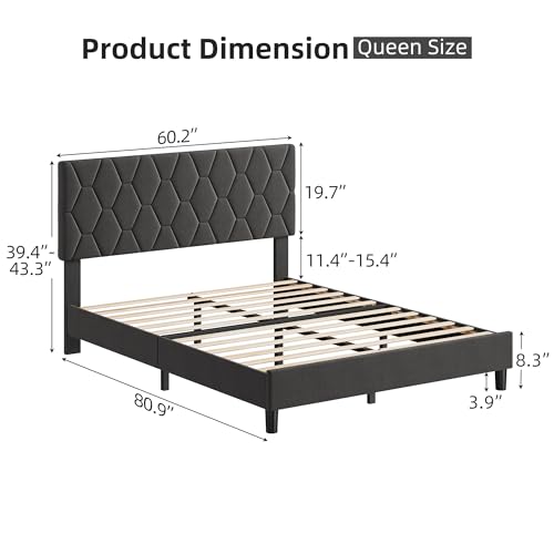GAOMON Grey Queen Bed Frame with Upholstered Headboard, Heavy-Duty Platform Bed Frame with Strong Wood Slats, No Box Spring Needed/Easy Assembly/Noise Free