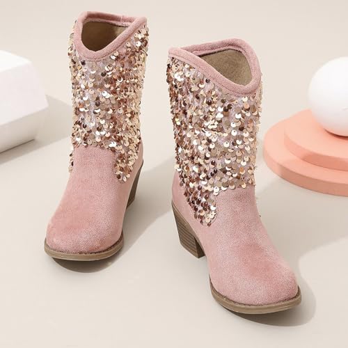 Girls Western Cowboy Boots Glitter Sequin High Heel Fashion Non-𝐒lip CowgirlRiding Boots Princess Dress Shoes4