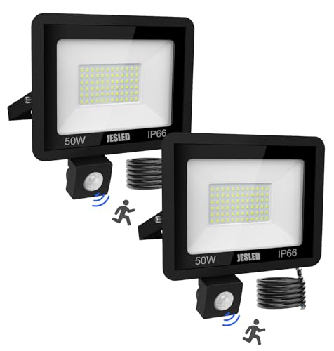 JESLED Foco LED Exterior, 50W 4500LM Foco LED Con Sensor De Movimiento, Foco LED Detector 6000K Blanco Frío, Focos LED Exterior Impermeable IP66 Para Casa, Garaje, Patio, Terraza, Campo【2-Paquete】