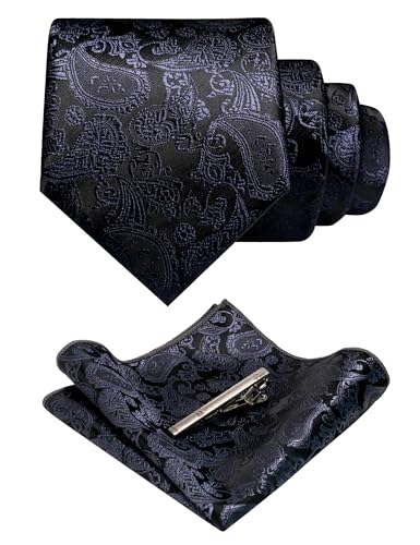 Image of JEMYGINS Mens Solid Color Paisley Necktie and Pocket Square with Tie Clip Sets