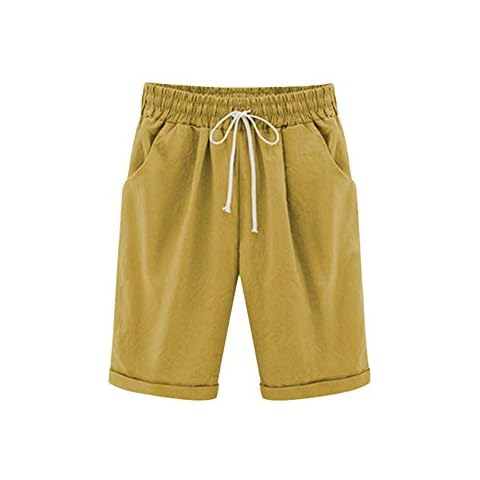 WROLEM Women Casual Summer Bermuda Shorts Drawstring with Pockets Cotton Lounge Walking Athletic Lightweight - yellow - S Cover